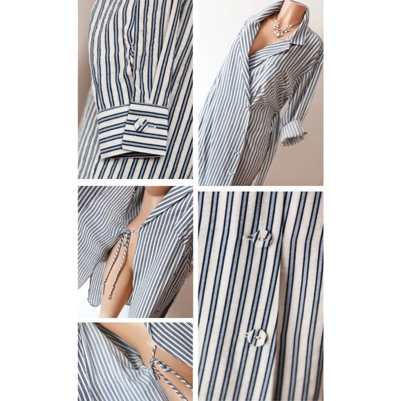 Zara Blue Stripe Belted Wrap Button Shirt Dress - Picture 4 of 8